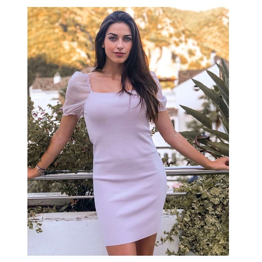 🪻*NWT* Mango MNG Pale Lavender Ariel Short Sheer Puff Sleeve Ribbed Tube Dress
